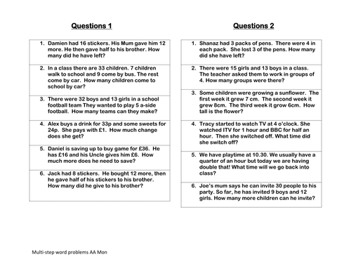 multi step word problems teaching resources