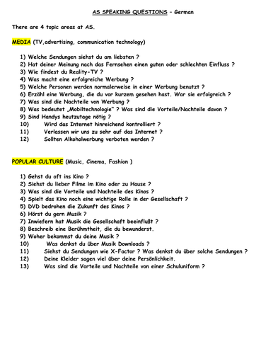 AQA AS GERMAN SPEAKING QUESTIONS