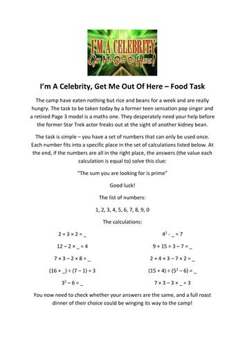 I'm A Celebrity Bidmas Activity