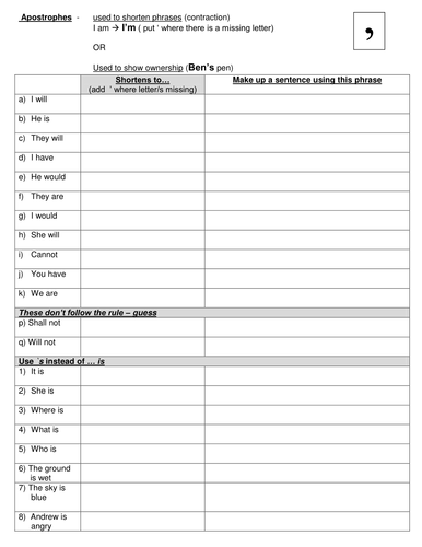 Use of the Apostrophe - a grid sheet