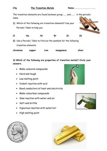 Transition Metals Worksheet | Teaching Resources