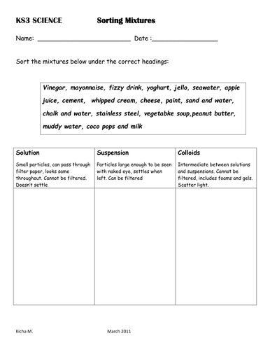 Sorting mixtures worksheet | Teaching Resources