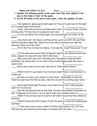 Romeo & Juliet: Revision Quiz Activity Worksheet! | Teaching Resources