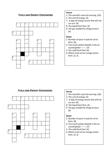 Fuels and energy crossword | Teaching Resources