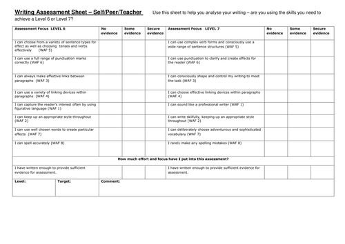 APP Pupil Self Assessment Grids: Reading Writing