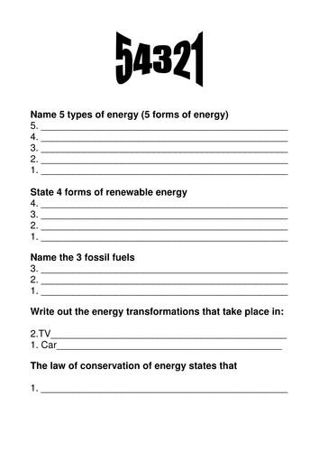 Energy Worksheet: 5,4,3,2,1 starter activity | Teaching Resources