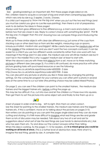 Size grading using objects, pictures and text