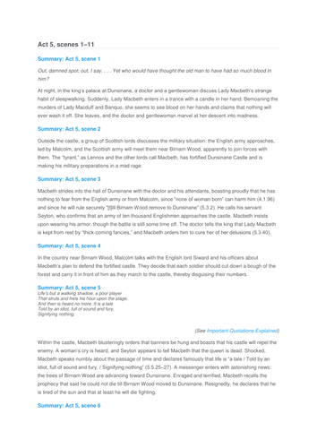 Macbeth Study Notes: Printable Worksheet Handouts