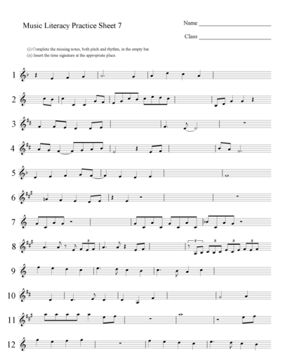 Music Literacy Practice Sheets (Int 1/2/Higher/AH)