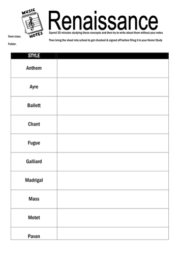 Higher Music Homework Revision Sheets