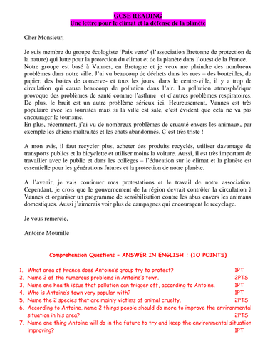 GCSE READING - A LETTER FOR THE ENVIRONMENT