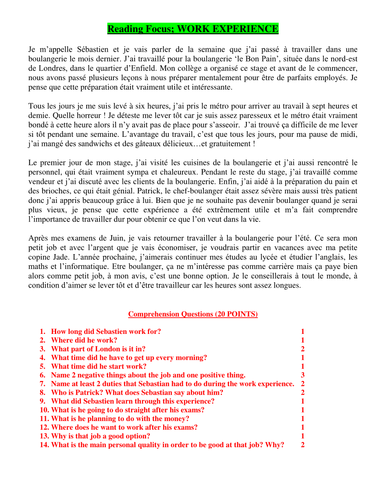 GCSE READING - WORK EXPERIENCE