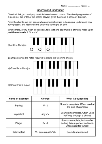 Chords and cadences worksheet | Teaching Resources