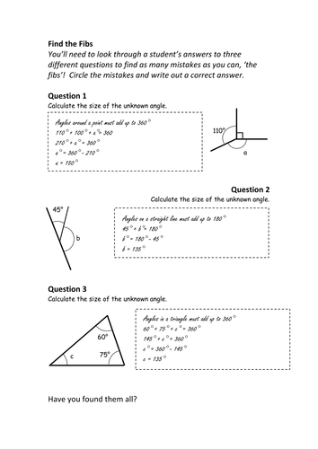 Find  the Fib - KS3 Angle Problems Worksheet