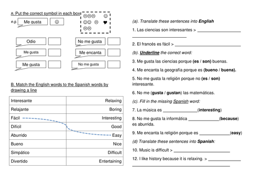 Spanish subject opinions worksheet