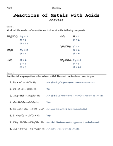 Metals and Acids: Balancing Equations (WS+Answers)