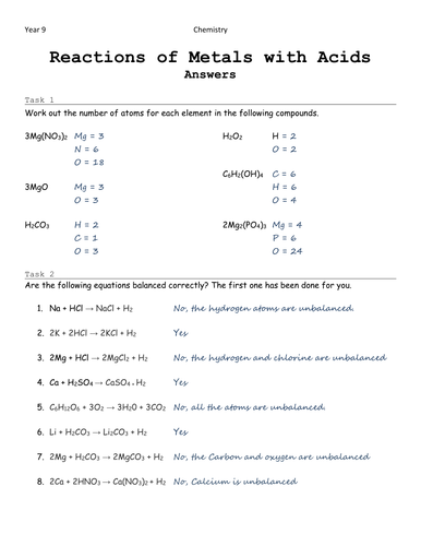 Metals And Acids Balancing Equations Ws Answers Teaching Resources