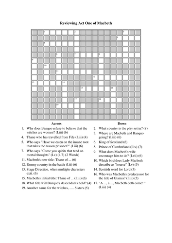 Macbeth: Printable Crossword Resource for Act 1