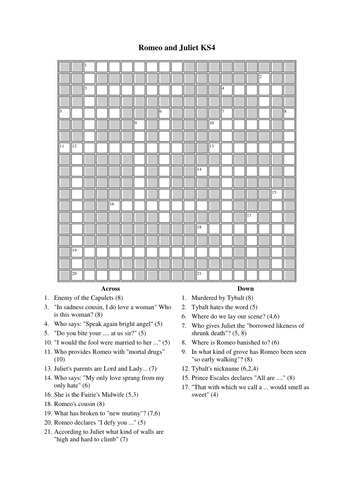 Romeo and Juliet: Printable Crossword Worksheet!