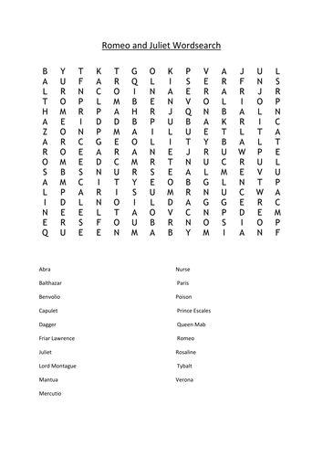 Romeo and Juliet: Wordsearch Worksheet Activity | Teaching Resources