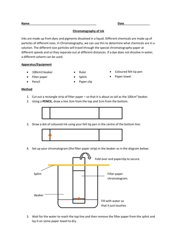 Chromatography of Ink - Simple practical worksheet