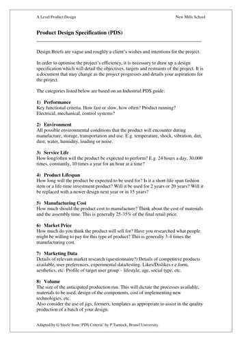 Help Sheet For Writing A Product Design Spec Teaching Resources