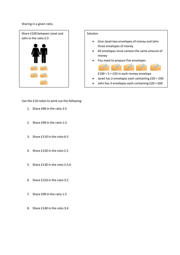 Sharing in a given ratio- activities and worksheet