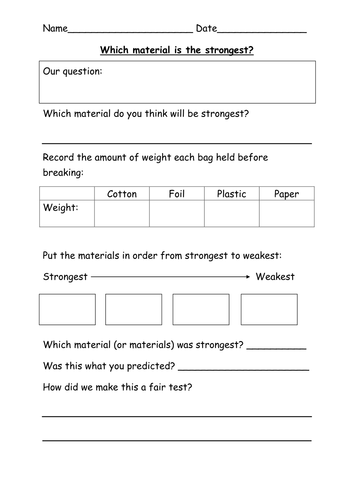 Which material is strongest? worksheet.