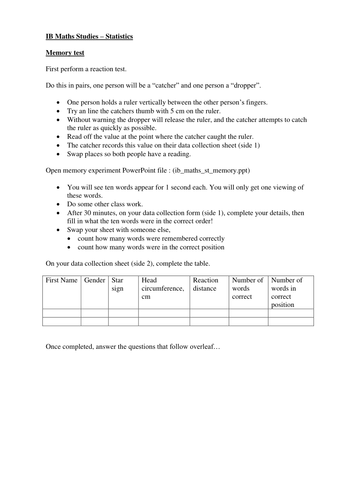 Statistics Activity -IB Data Collection Worksheet