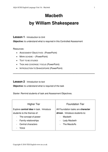 Macbeth Controlled Assessment - Lesson Plans | Teaching Resources