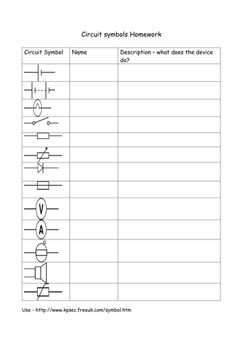 Circuit Symbol Homework by tonynealbailey | Teaching Resources