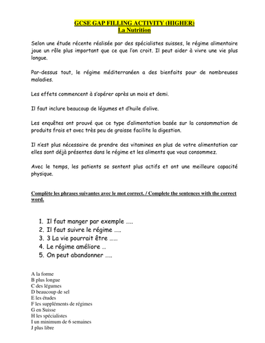 REVISION SHEET - HEALTHY EATING 