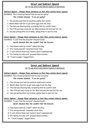 direct indirect speech worksheet class 8