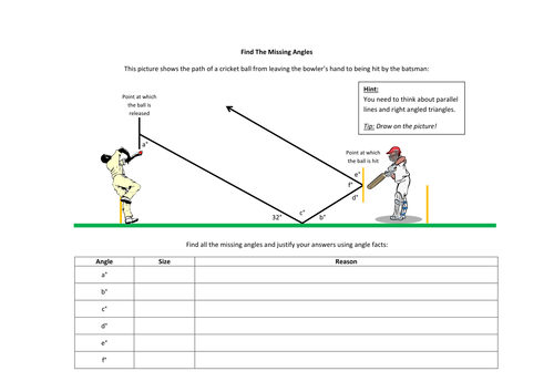 Maths GSCE: Angles worksheet Cricket activity.