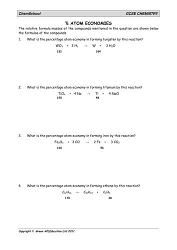 % Atom Economy Calculations | Teaching Resources