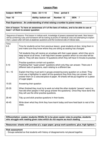 Maths KS4 Indices laws -lesson plan, worksheets