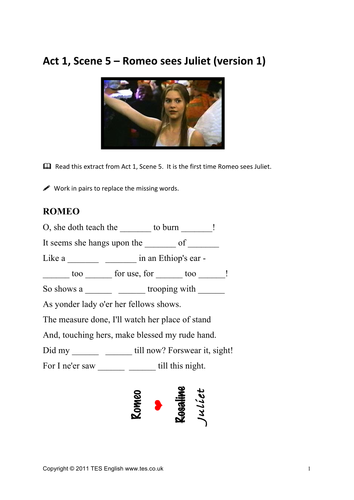 Romeo And Juliet Worksheets For Act 1 Scene 5 Teaching Resources