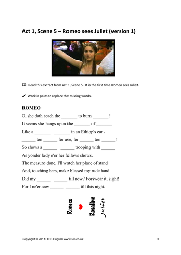 Romeo and Juliet - Worksheets for Act 1, Scene 5