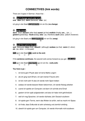 conjunctions, connectives & link words in German