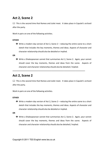 Romeo And Juliet Re Writing Act 2 Scene 2 Teaching Resources