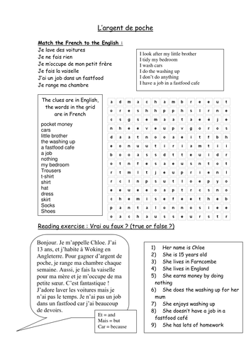 9 year worksheet vocabulary Tes de L'argent poche  hsw202    by Teaching Resources