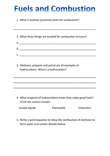 Combustion - Very Simple Worksheet | Teaching Resources