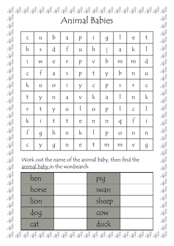 Animal babies wordsearch