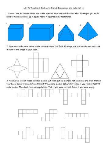 3d drawing worksheet nets Y4 by worksheet 3D shapes/make B3 visualising  nets