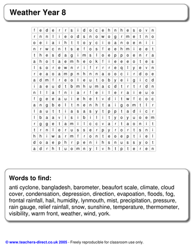 Weather Wordsearch Teaching Resources