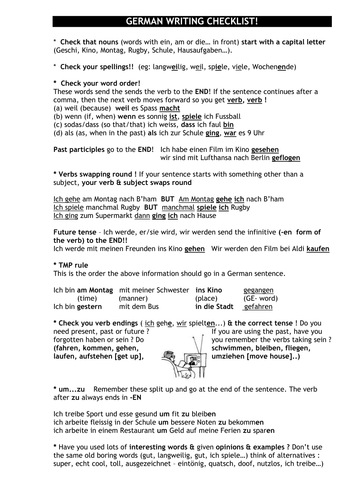 German writing/controlled assessment checklist