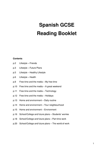 GCSE Spanish Reading Booklet Exam style questions