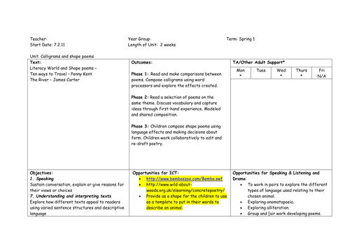 Year 3 shape poetry and Calligrams