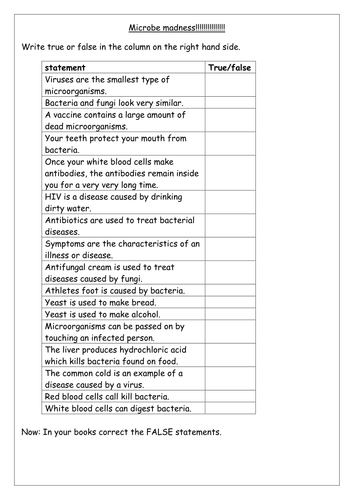 microbe madness - revision worksheet