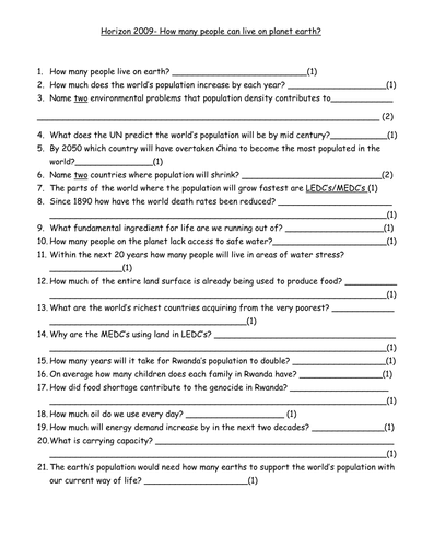 Worksheet to go with Horizon - Population video